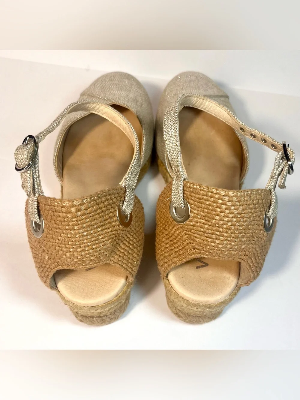 Viscata Pubol Canvas Espadrille Wedge Sandals 40 9 Leather Metallic Ankle Strap